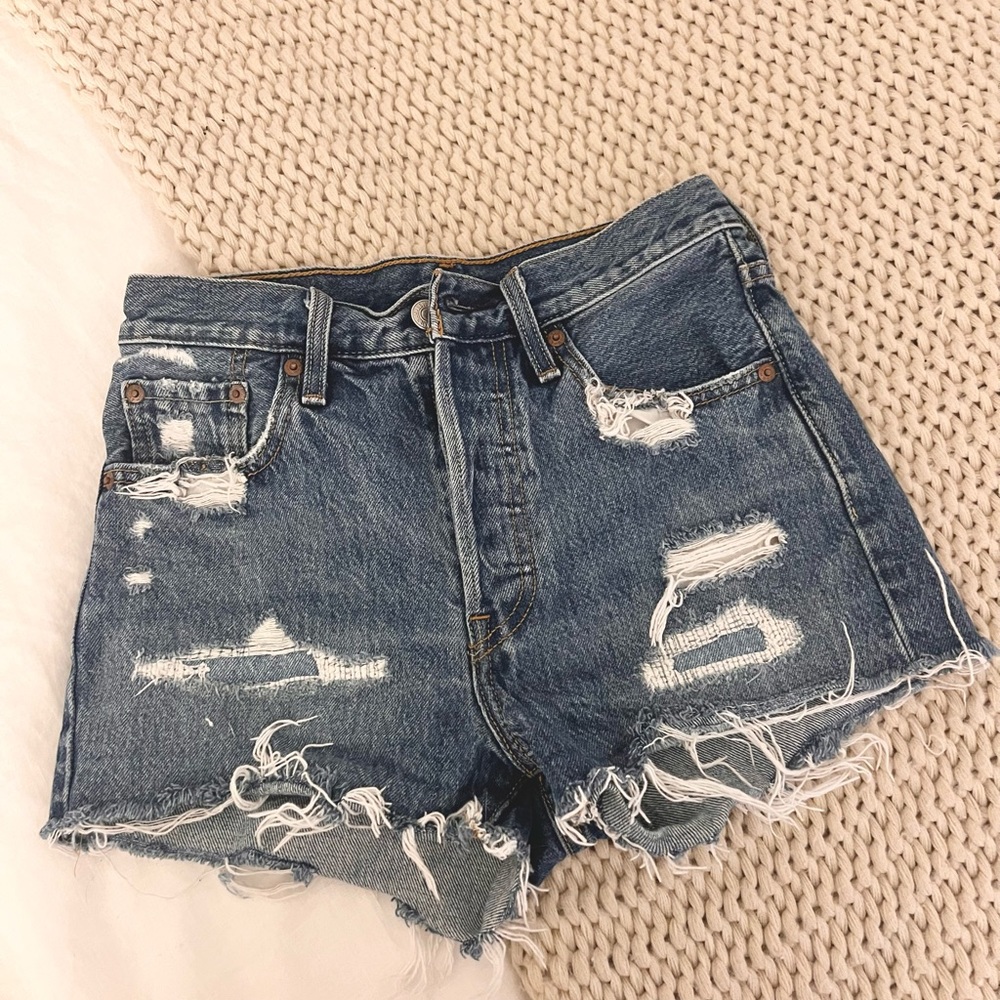 Levis High Rise Distressed Denim Shorts - Picture 2 of 9